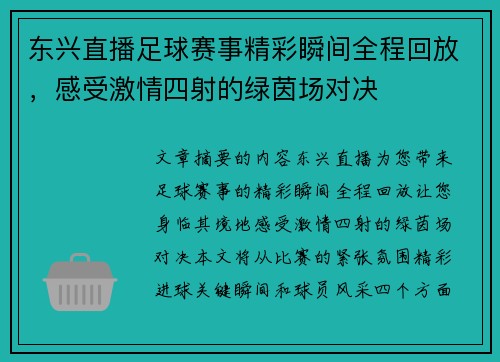 东兴直播足球赛事精彩瞬间全程回放，感受激情四射的绿茵场对决