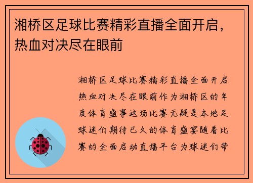 湘桥区足球比赛精彩直播全面开启，热血对决尽在眼前